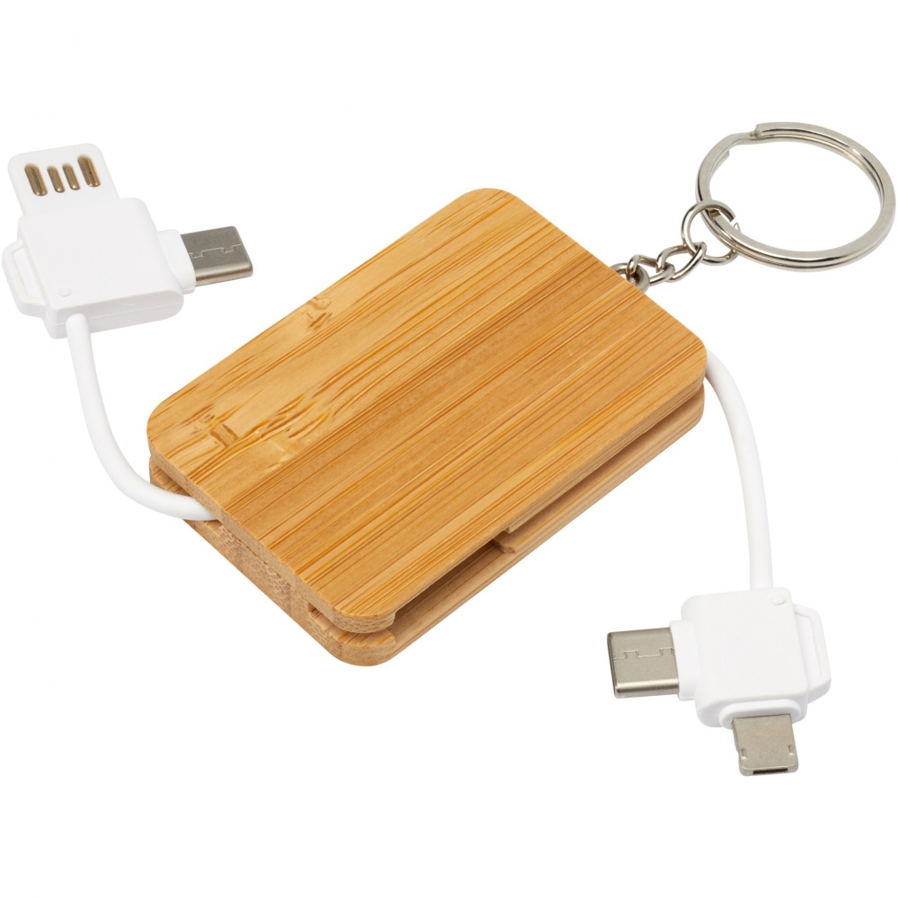Logo trade corporate gifts picture of: Reel 6-in-1 retractable bamboo key ring charging cable