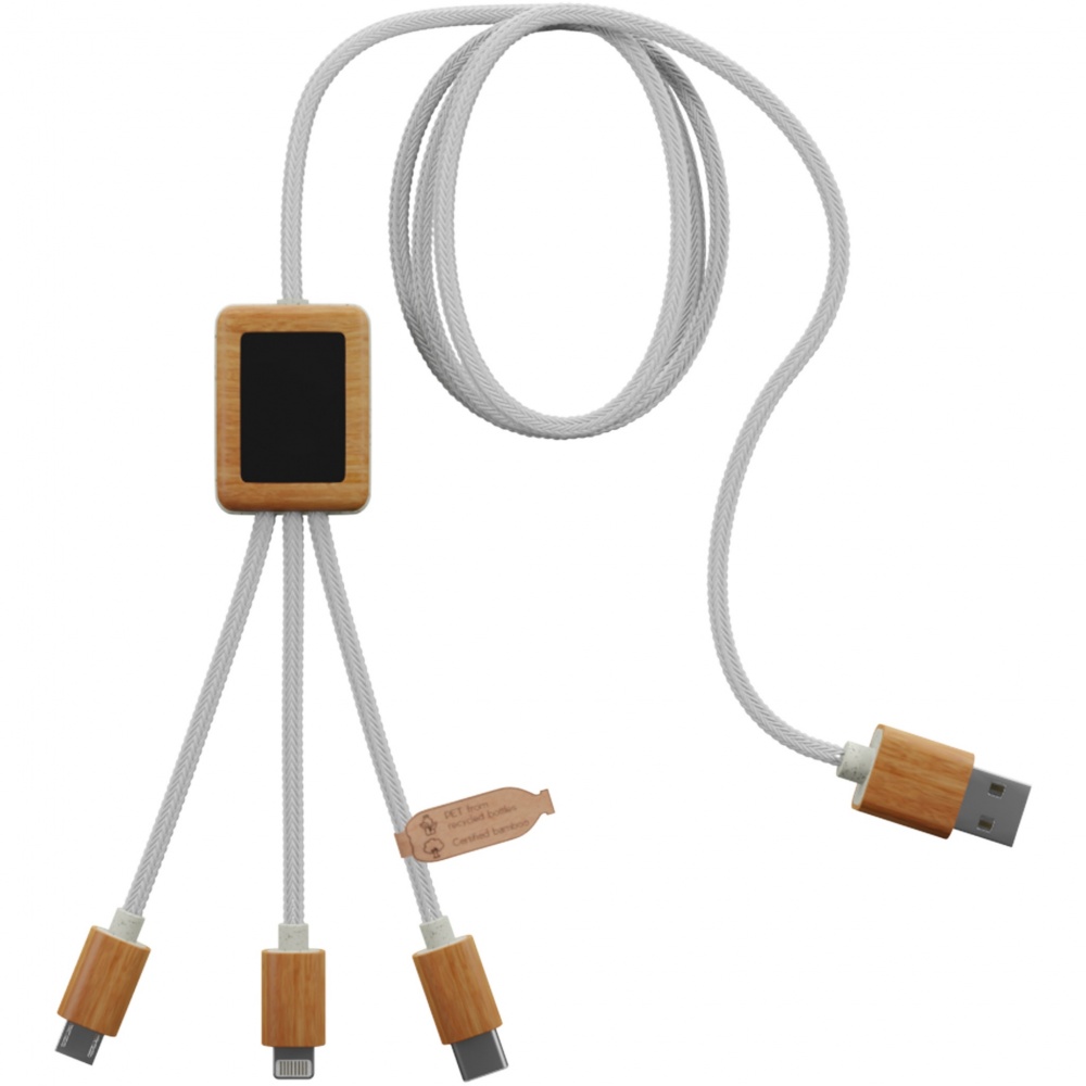 Logo trade business gifts image of: SCX.design C39 3-in-1 rPET light-up logo charging cable with squared bamboo casing