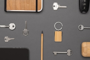Logotrade corporate gift image of: RCS recycled zinc alloy rectangle keychain with bamboo