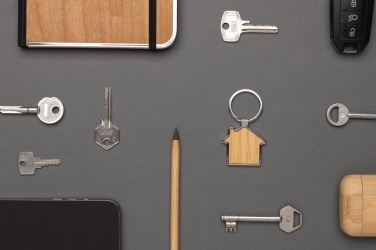 Logotrade promotional products photo of: RCS recycled zinc alloy house keychain with bamboo