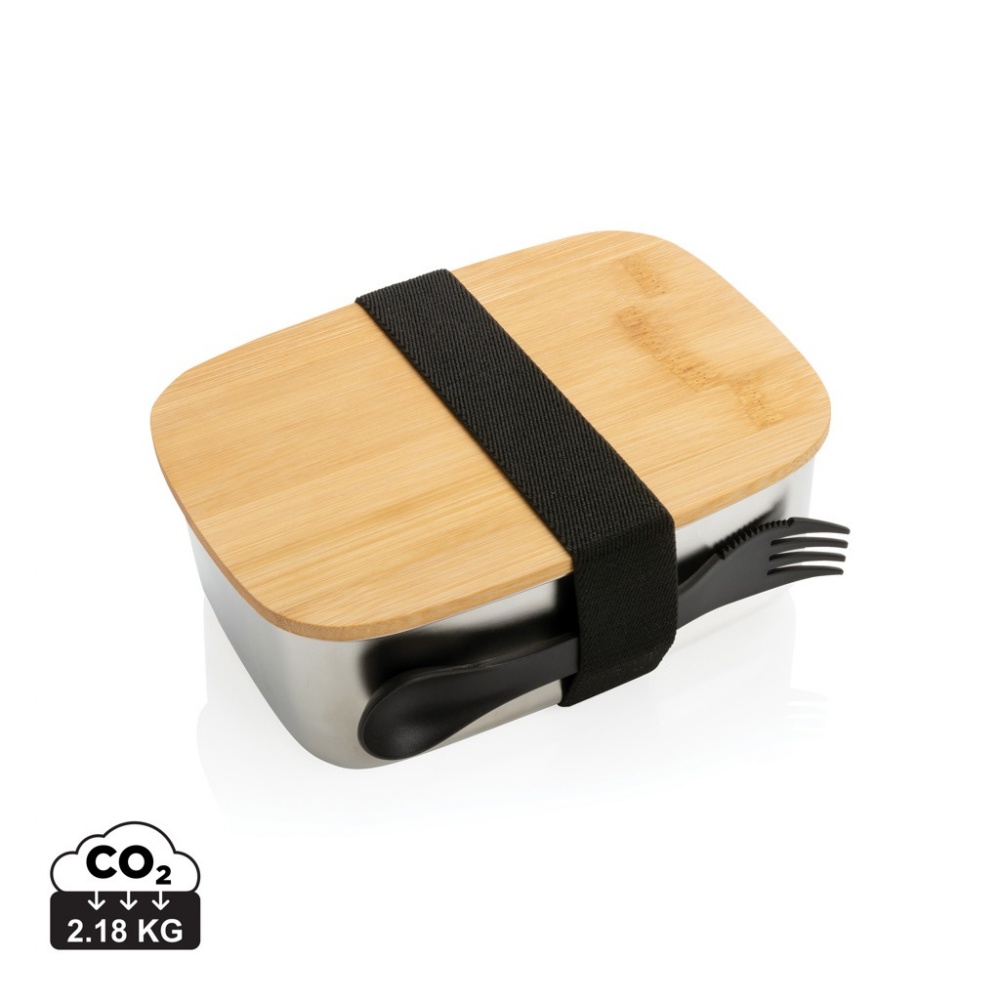 Logo trade business gift photo of: Stainless steel lunchbox with bamboo lid and spork