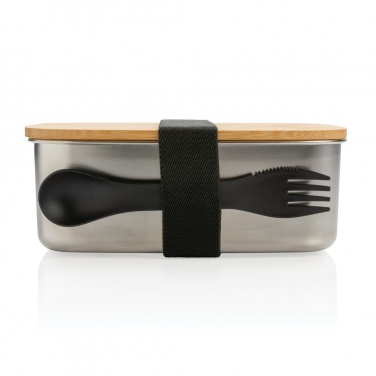 Logotrade corporate gift image of: Stainless steel lunchbox with bamboo lid and spork