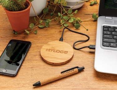 Logo trade corporate gifts image of: Bamboo 5W round wireless charger