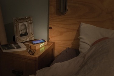 Logotrade promotional item image of: Bamboo alarm clock with 5W wireless charger