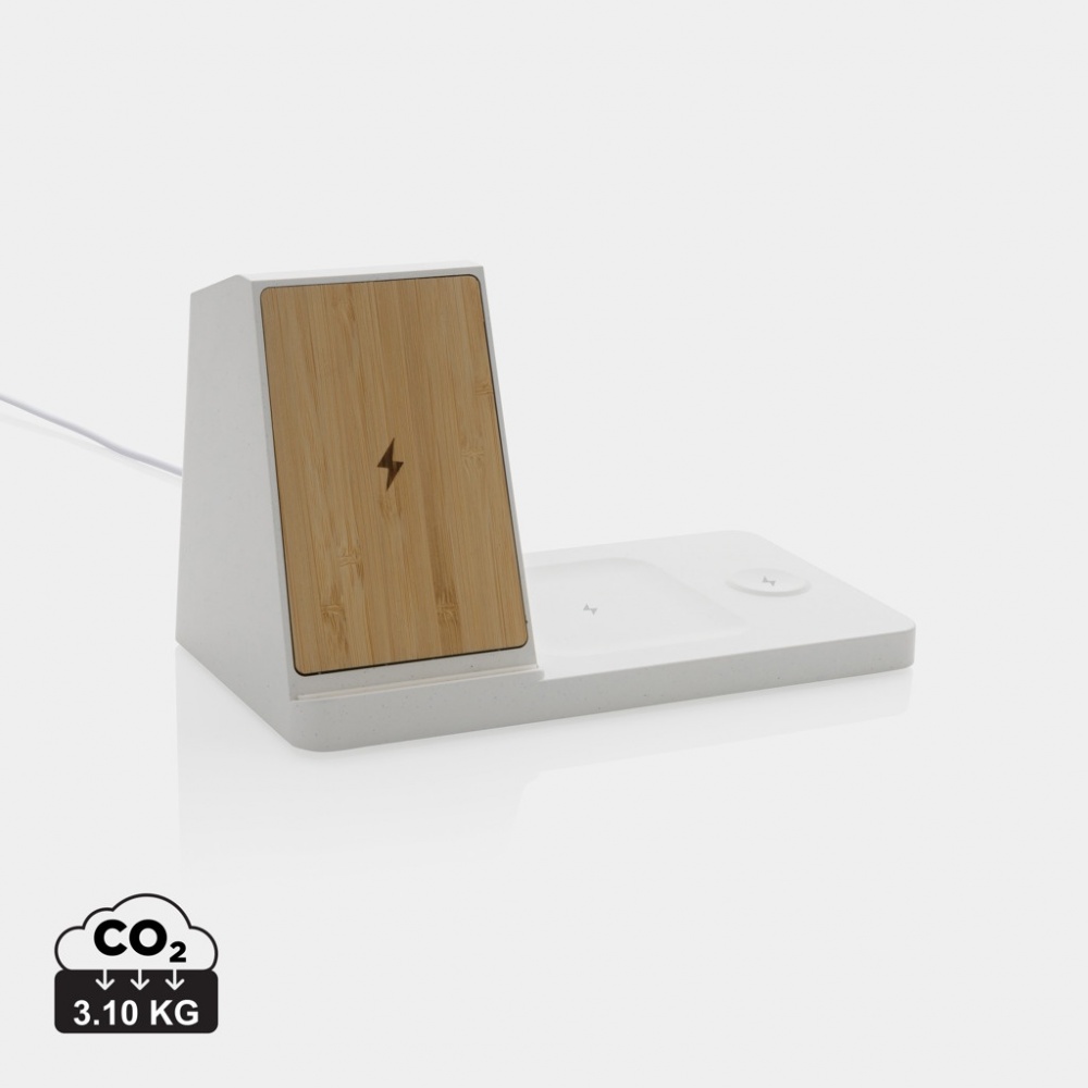 Logo trade corporate gifts picture of: Ontario recycled plastic & bamboo 3-in-1 wireless charger
