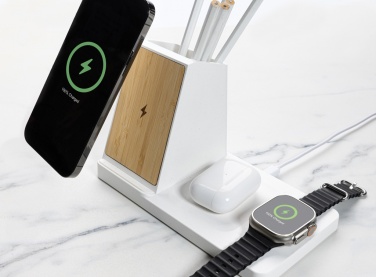 Logo trade promotional gifts picture of: Ontario recycled plastic & bamboo 3-in-1 wireless charger