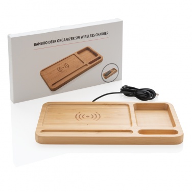 Logo trade promotional items image of: Bamboo desk organiser 5W wireless charger