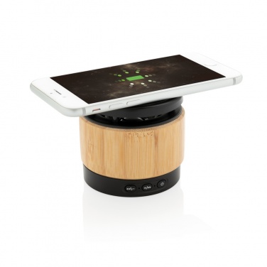 Logo trade promotional gifts picture of: Bamboo wireless charger speaker