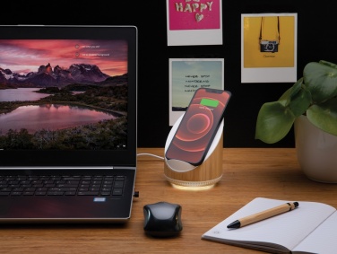 Logo trade business gifts image of: Ovate bamboo 5W speaker with 15W wireless charger