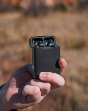 Logo trade corporate gift photo of: Skywave RCS recycled plastic solar earbuds