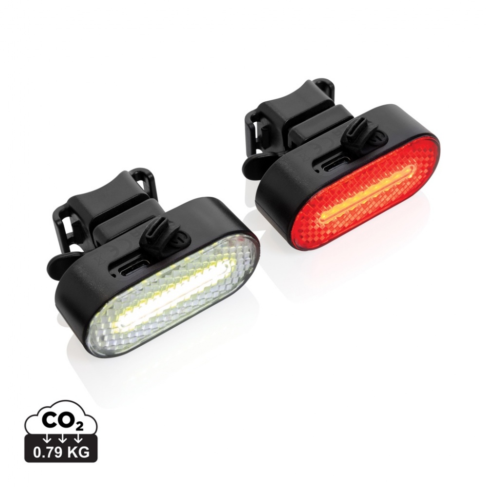 Logo trade promotional products image of: Lumino RCS recycled plastic USB re-chargeable bike light set