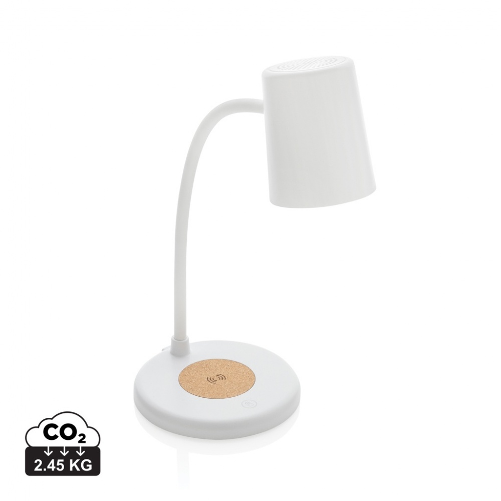 Logo trade promotional gifts image of: Zenara RCS recycled plastic and cork 15W wireless desk lamp