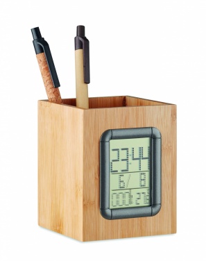 Logo trade promotional giveaways image of: Bamboo pen holder and LCD clock