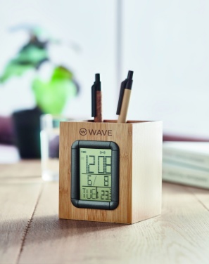 Logotrade promotional giveaway image of: Bamboo pen holder and LCD clock