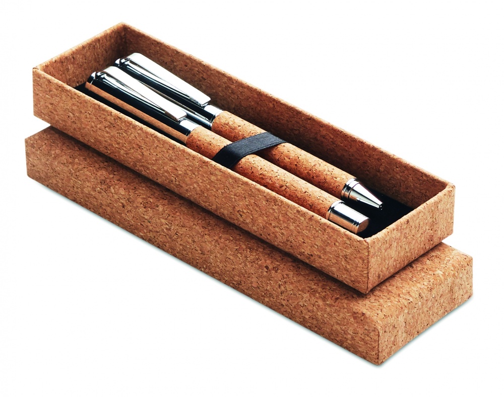 Logo trade advertising products image of: Metal Ball pen set in cork box