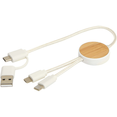 Logo trade corporate gifts image of: Chechia 5-in-1 recycled plastic 30 cm data sync and 27W fast charge cable with bamboo details