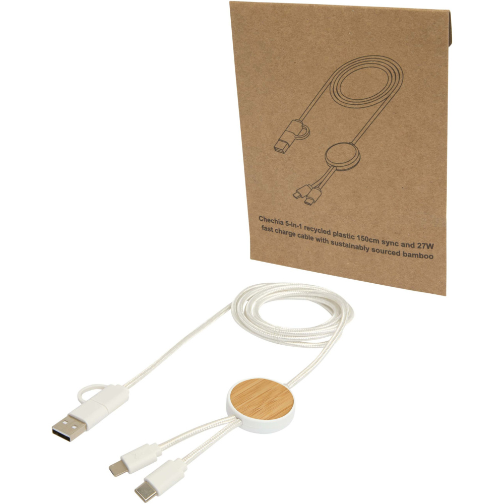 Logo trade promotional items picture of: Chechia 5-in-1 recycled plastic 150 cm data sync and 27W fast charge cable with bamboo details