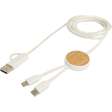 Logotrade promotional product image of: Chechia 5-in-1 recycled plastic 150 cm data sync and 27W fast charge cable with bamboo details