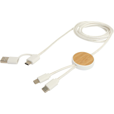 Logo trade promotional products picture of: Chechia 5-in-1 recycled plastic 150 cm data sync and 27W fast charge cable with bamboo details