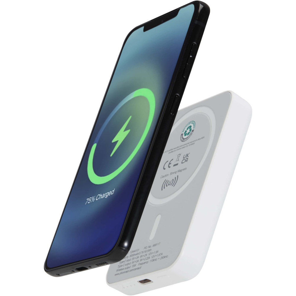 Logotrade advertising product picture of: Acrab 5000 mAh 15W magnetic wireless power bank with 20W PD - made from recycled plastic