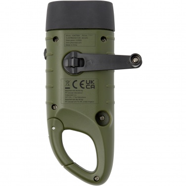 Logo trade liikelahja mainoslahja tuotekuva: Helios kierrätetystä muovista valmistettu aurinkodynamotaskulamppu karbiinihaalla