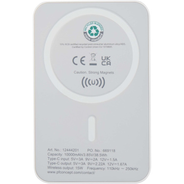 Logotrade mainostuote tuotekuva: Acrab 10 000 mAh:n ja 15 W:n magneettinen langaton varavirtalähde, jossa 20 W:n PD – valmistettu kierrätetystä muovista